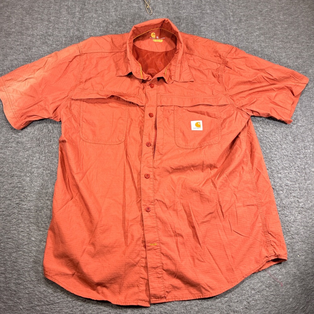 Carhartt Force Fishing Shirt Mens XL Orange Ripstop Short Sleeve Faded Workwear